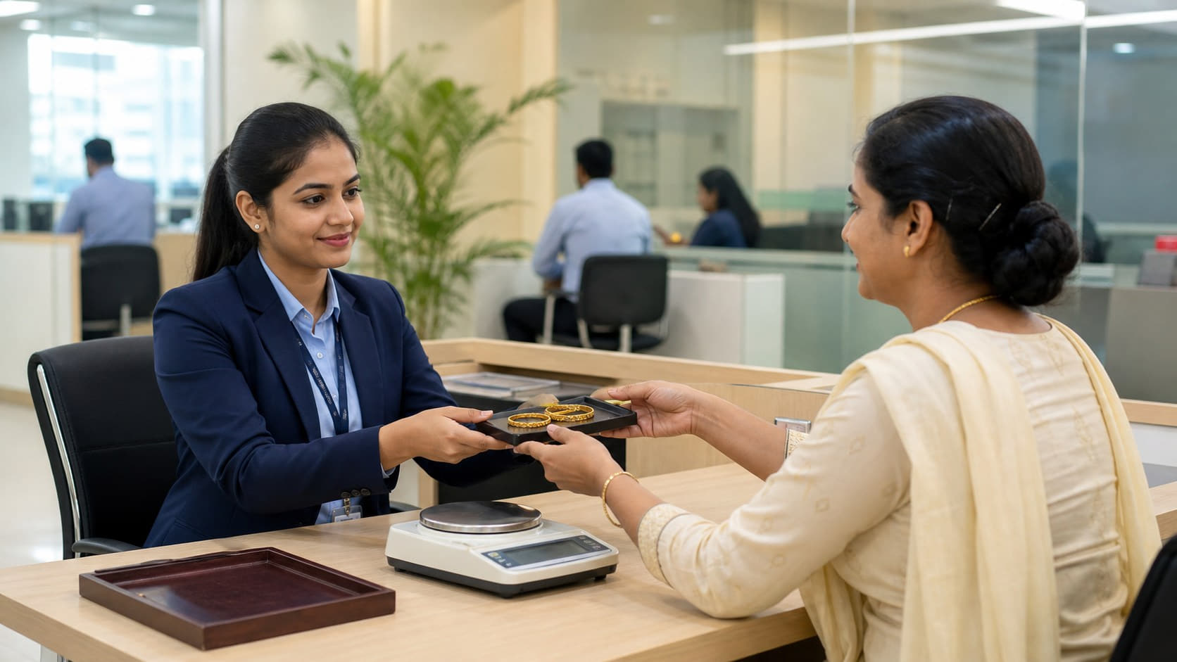 A customer handing over gold ornaments for valuation at a Jammu Financiers counter