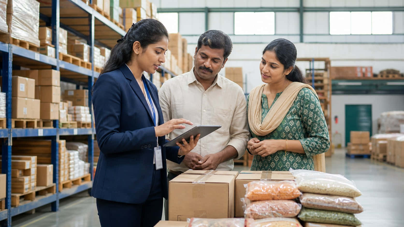 Business partners reviewing stock together in a supply chain warehouse