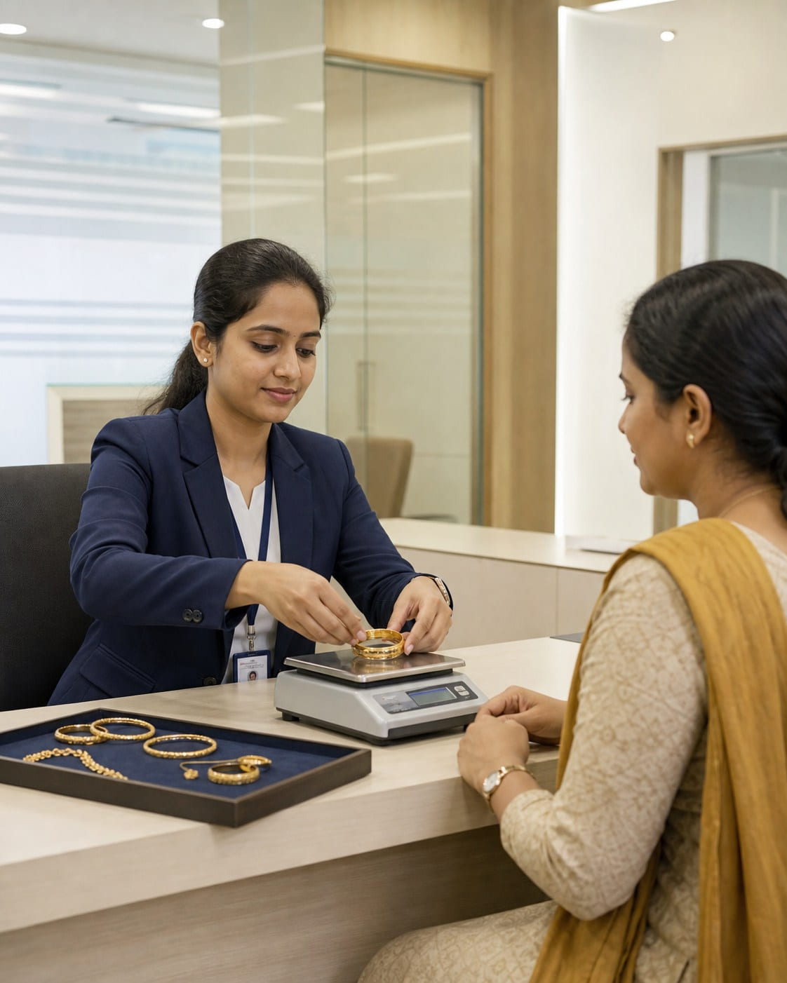 Gold ornaments being weighed and appraised at a Jammu Financiers counter
