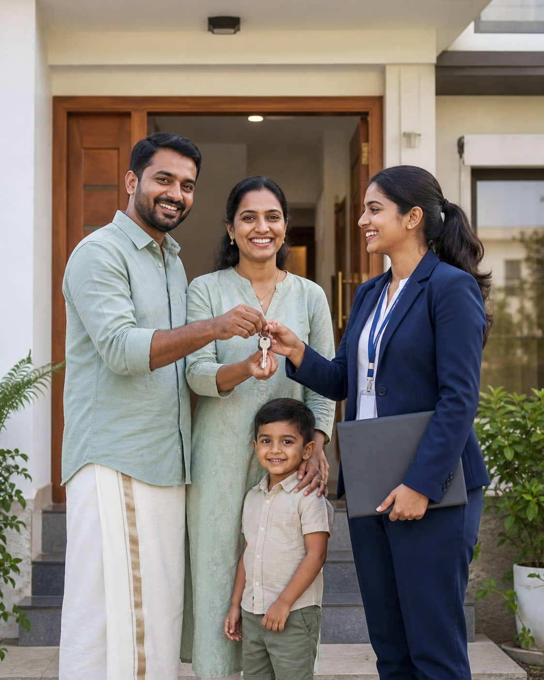 A family standing outside the home they financed