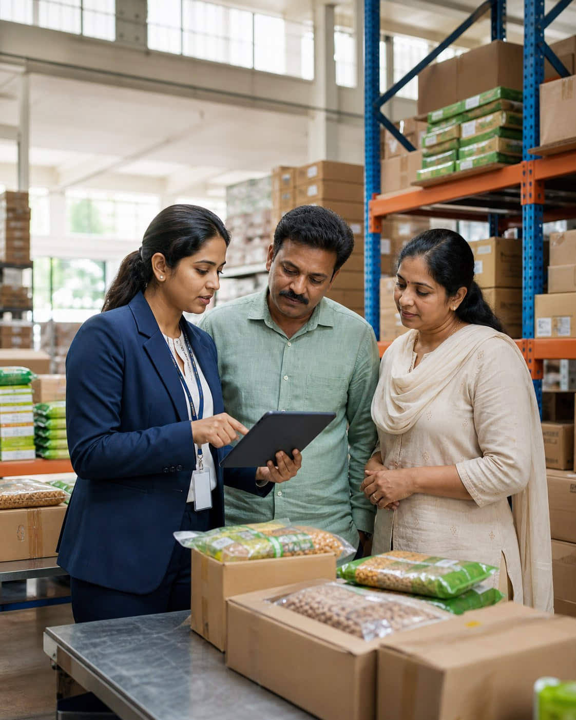 Business partners reviewing stock together in a supply chain warehouse