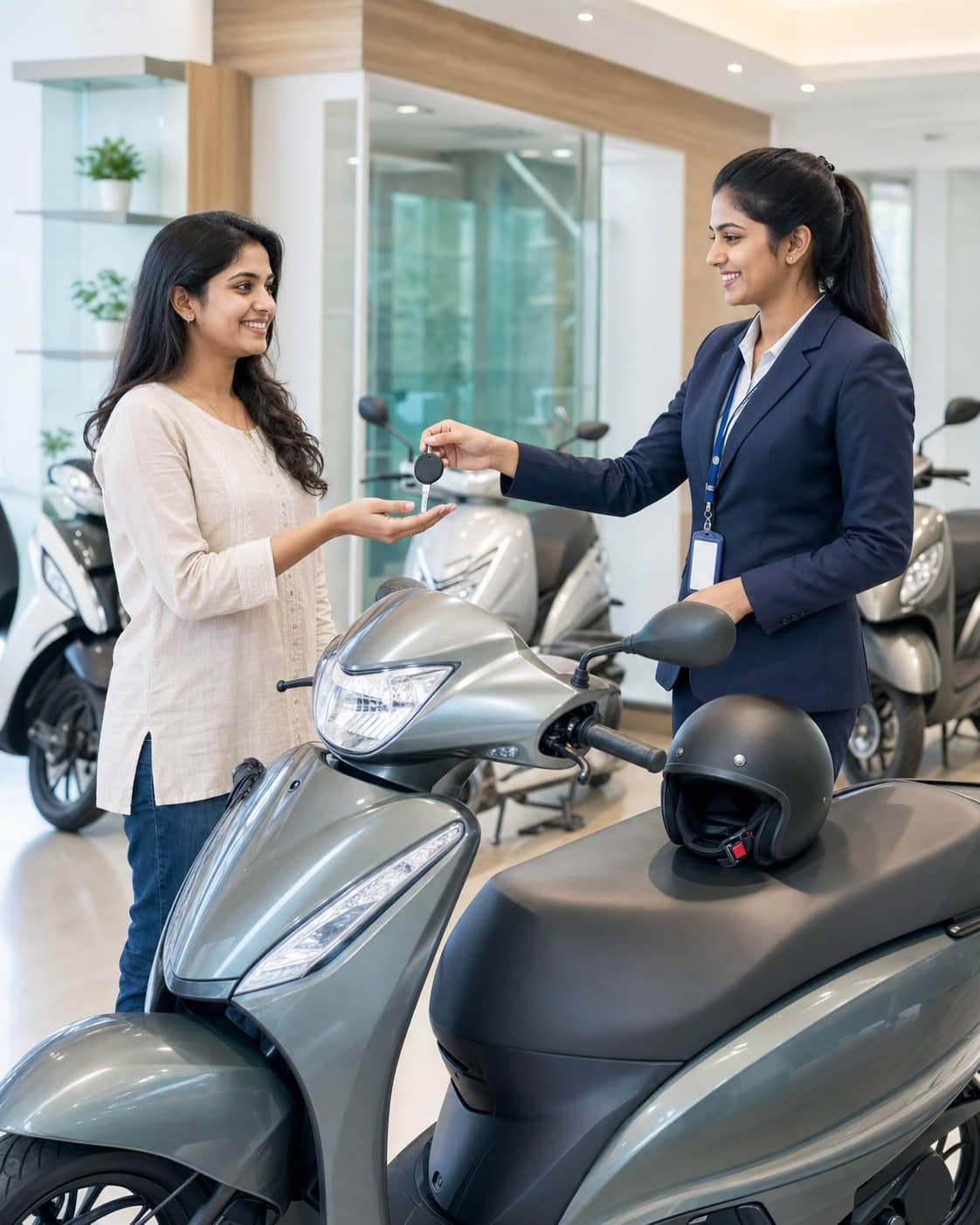 A customer collecting the keys to a newly financed two-wheeler