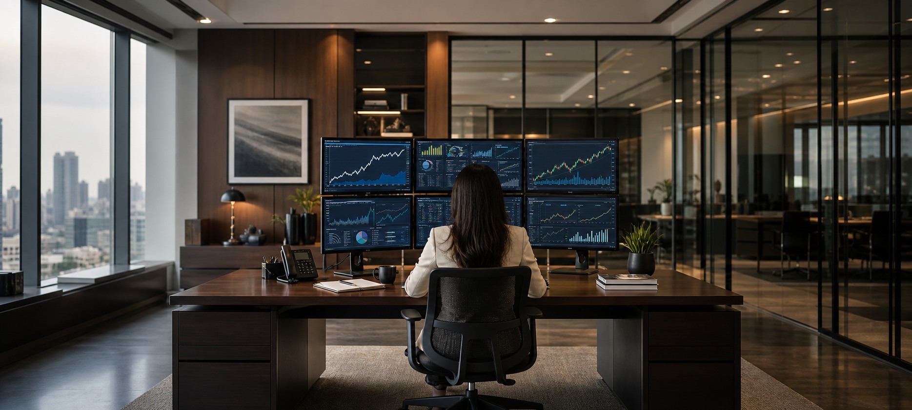 An investment professional reviewing market performance across multiple displays