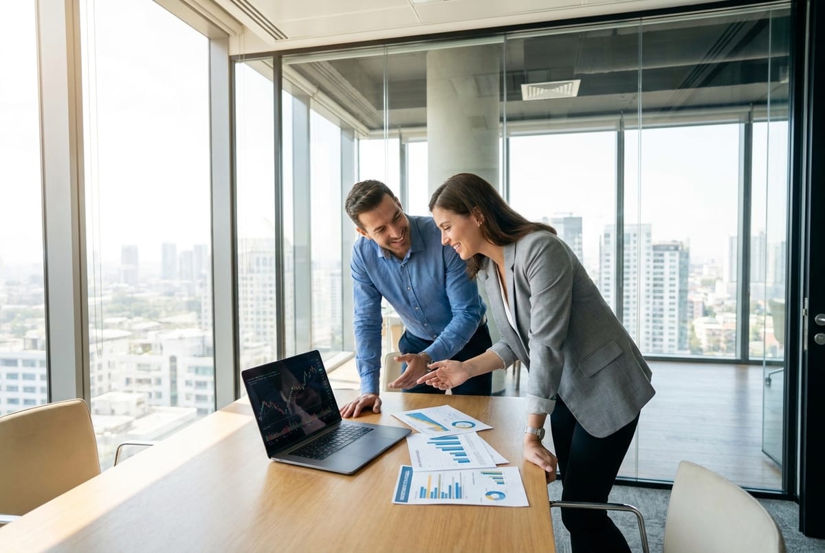 Two professionals reviewing investment charts on a laptop in a modern office
